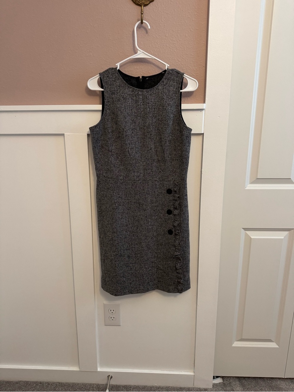 LOFT Heather Grey Tweed Sheath Dress Side Ruffle Accent